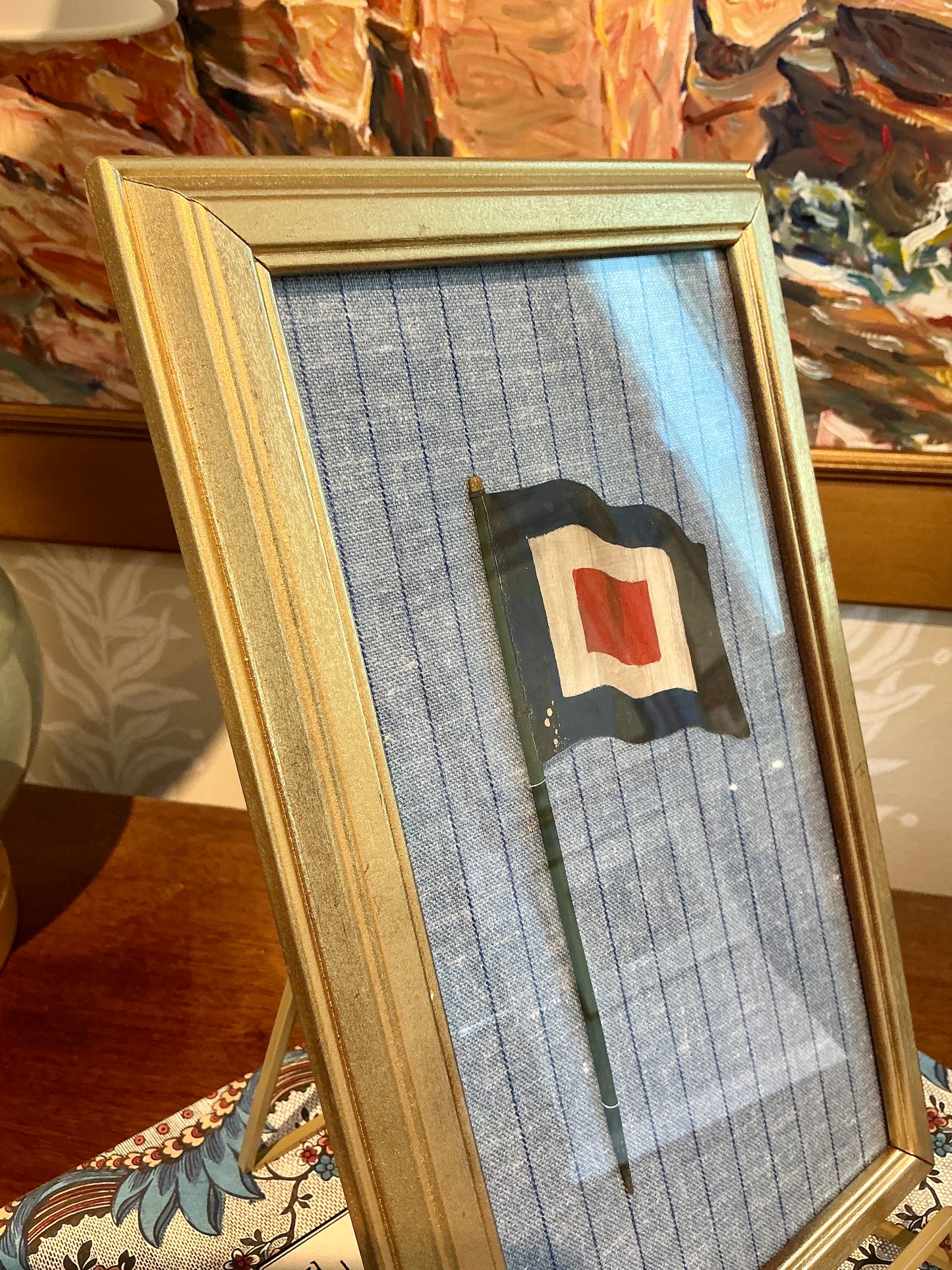 Antique 1905 Nautical Blue Red And White Flag Oil Painting on Blue in Gold Frame