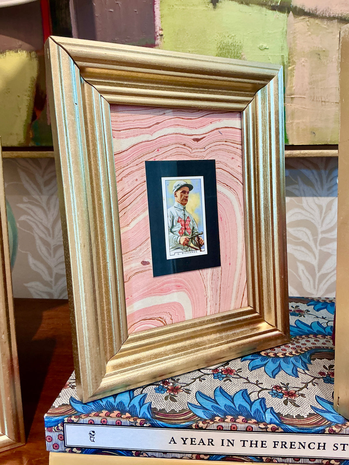 Set of 4 1936 Jockey Tobacco Cards on Pink Hand Marbled Mount in Gold Frames