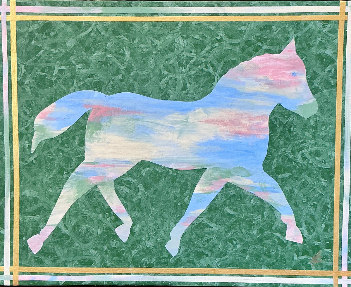 Heather Carey Field Day Horse Portrait Mixed Media in Gold Floater Frame