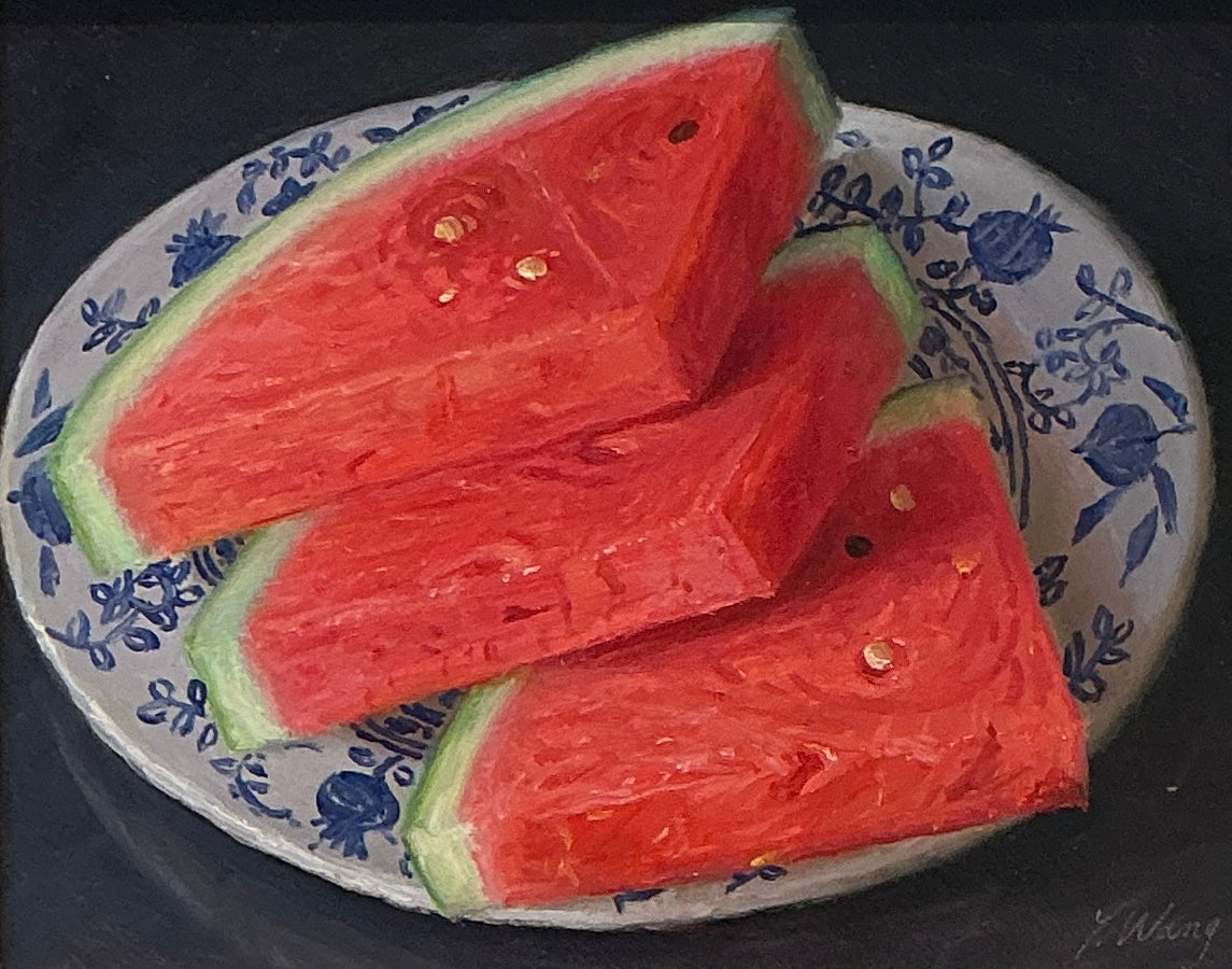Youqing Wang Watermelon Slices in Blue and White Plate Still Life Oil Painting in Gold Frame