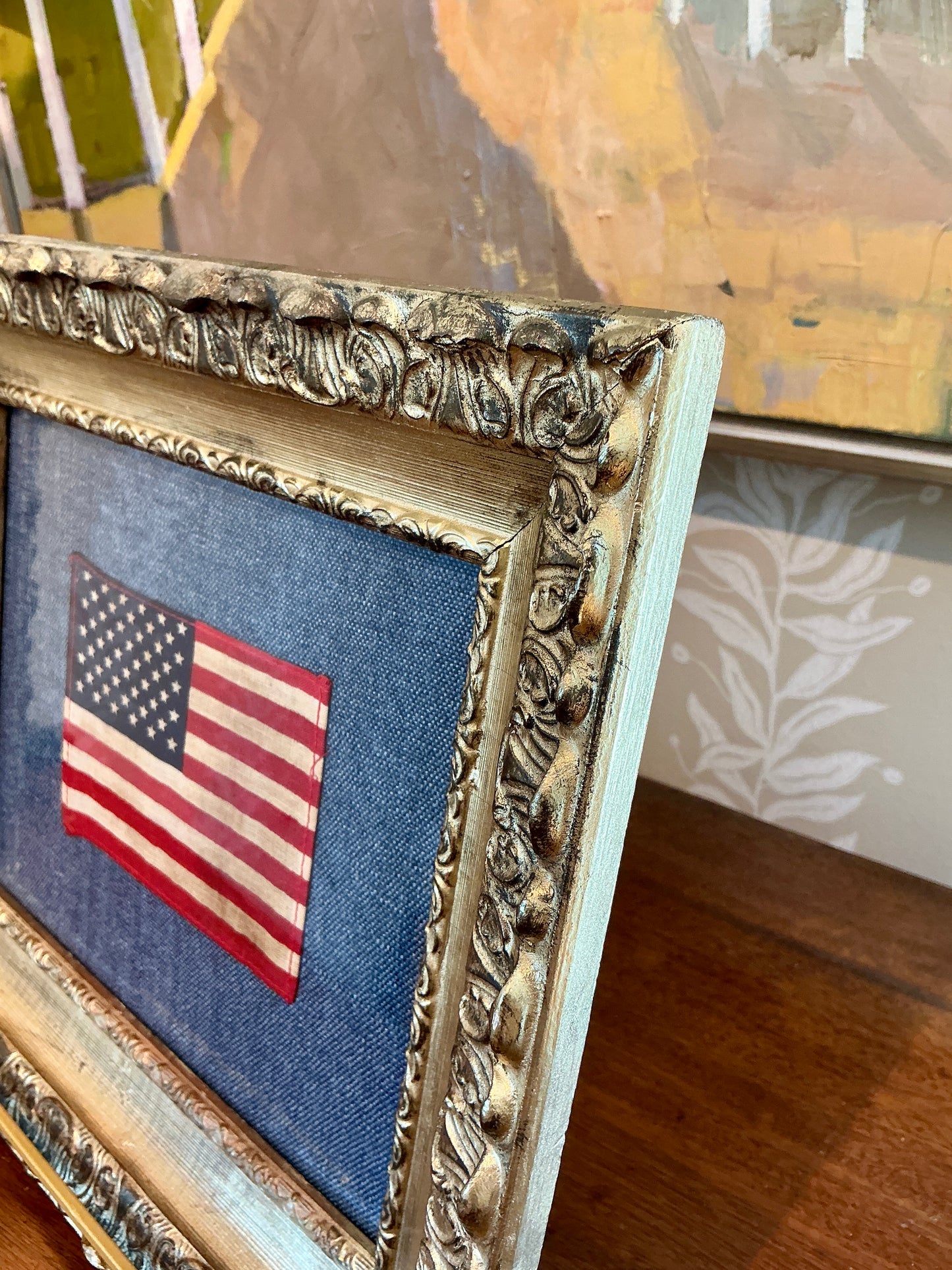Vintage 50 Star American Flag on Dark Blue Twill in Antique Ornate Gold Frame