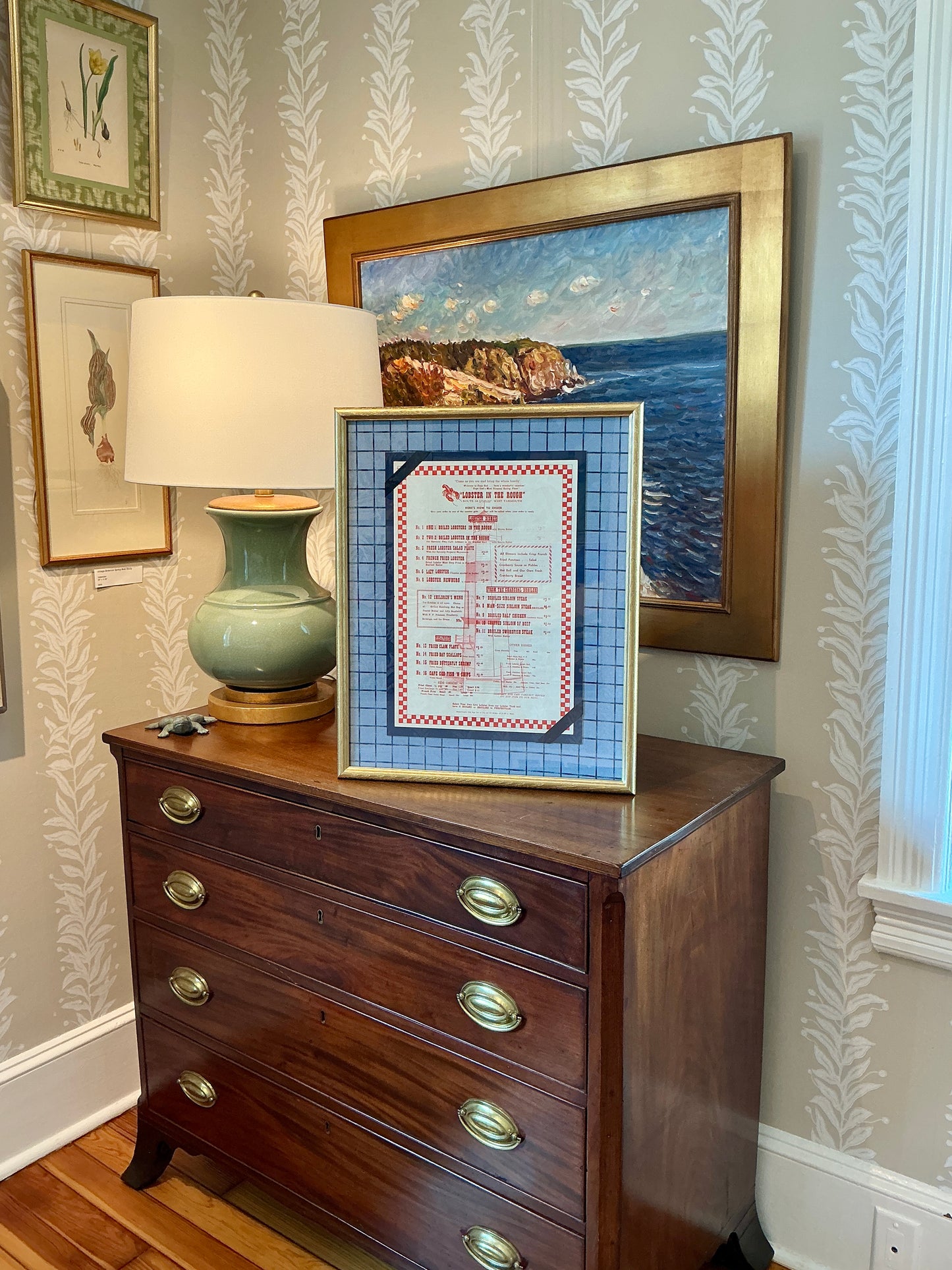 Vintage Cape Cod Seafood Menu on Blue Windowpane in Gold Frame