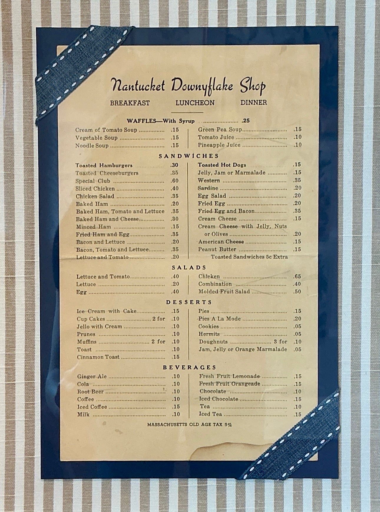 Vintage Nantucket Downyflake Restaurant Menu on Taupe Stripes in Gold Frame