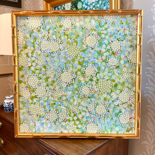 Alison Diamond McElroy Citrus and Salt Abstract Floral Painting in Gold Bamboo Frame