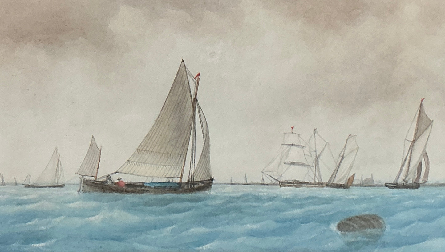 19th Century Sailboat Seascape Watercolor Painting in Ornate Gold Frame