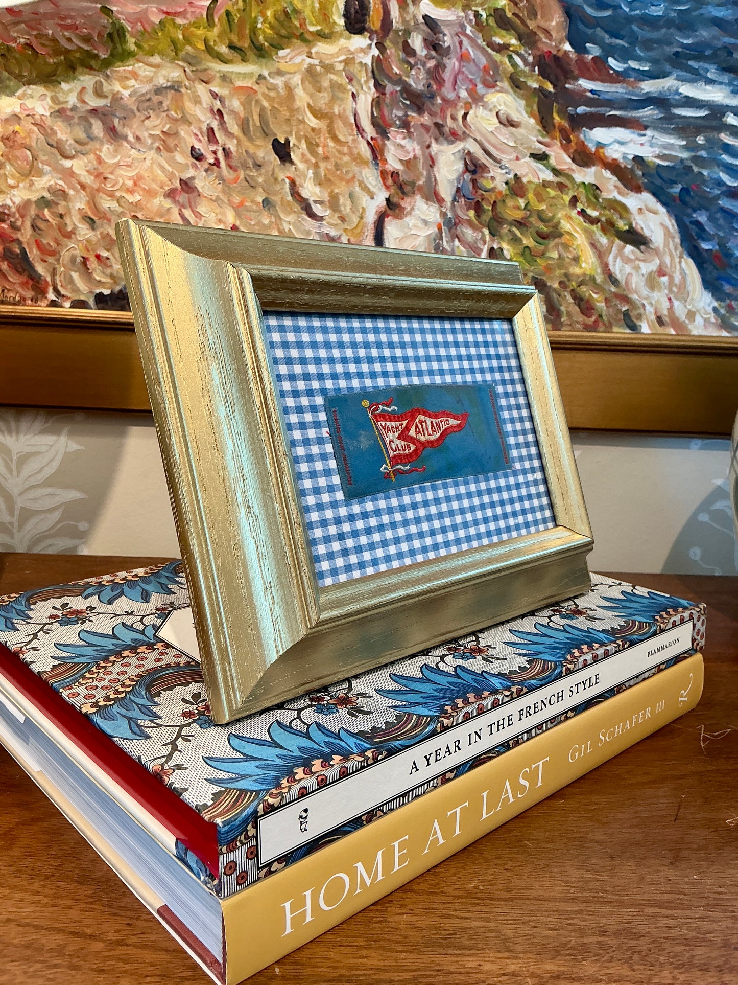 Antique Atlantic Yacht Club Tobacco Silk on Blue Gingham in Gold Frame