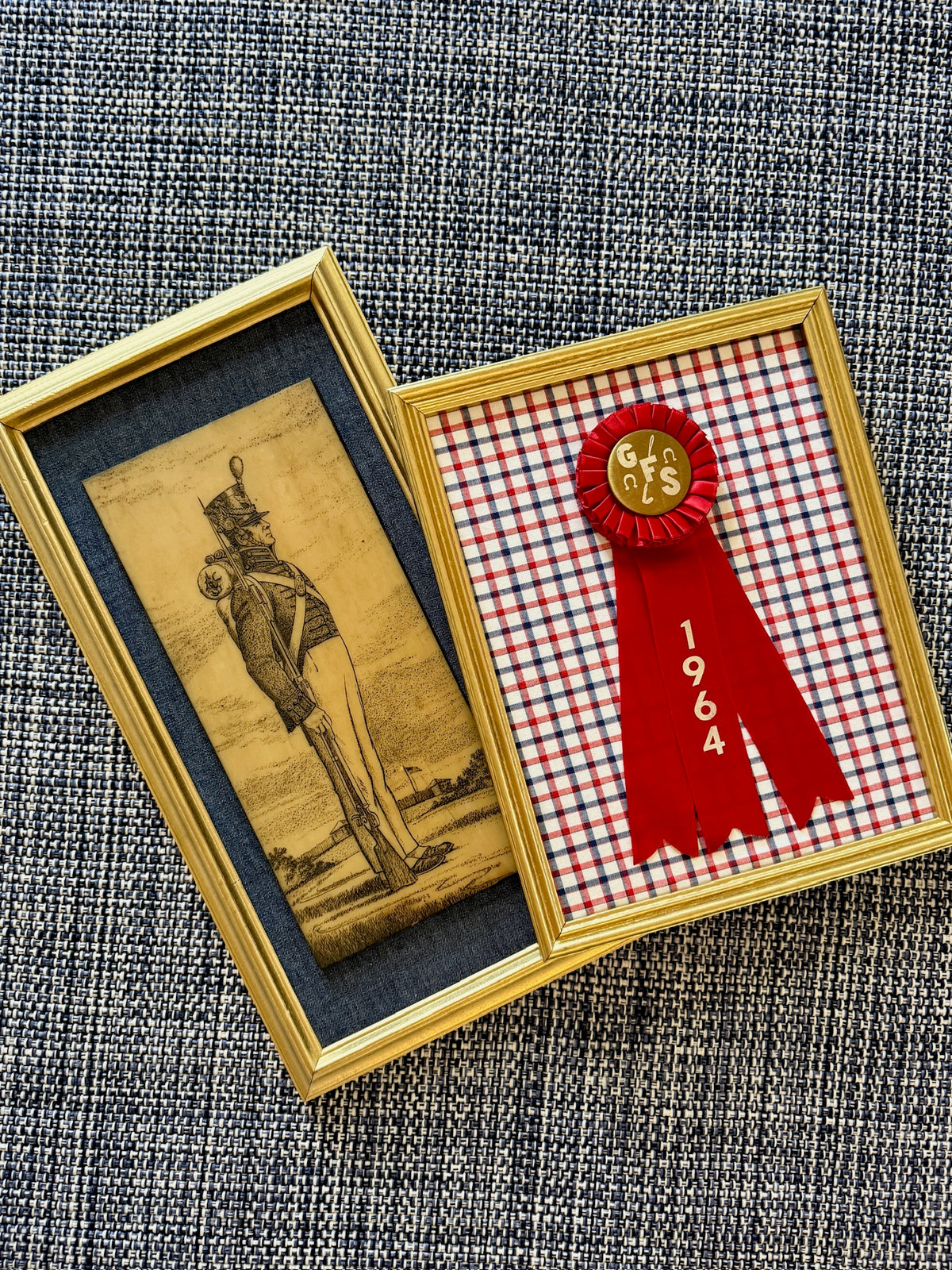 Vintage Garrison Forest School Horse Show Ribbon on Plaid in Gold Frame