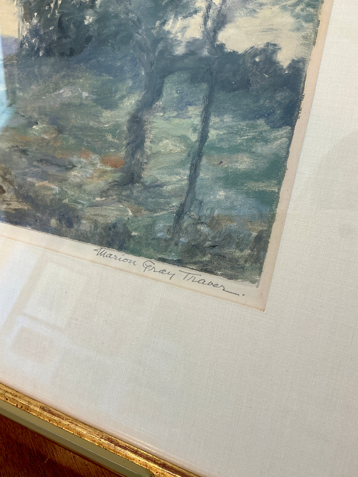 Marion Gray Traver Late Afternoon Landscape Monotype in Gold Frame