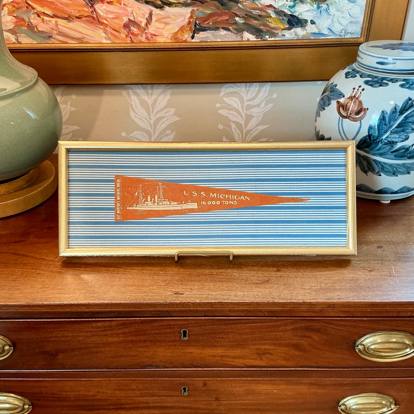 Vintage U.S.S. Michigan Naval Ship on Blue Stripes in Gold Frame
