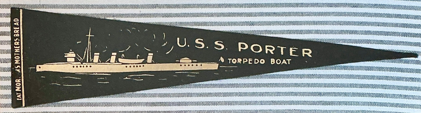 Vintage U.S.S. Porter Naval Ship Wool Pennant on Grey Stripes in Gold Frame