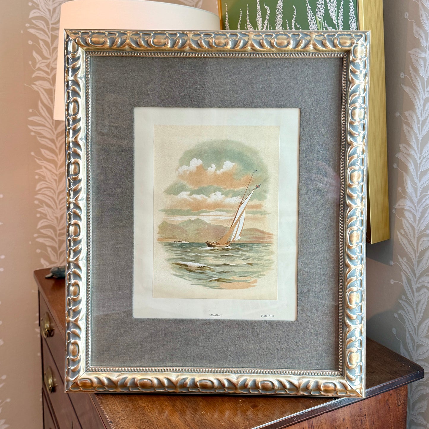 1888 Hand Colored Lithograph of “Clara” the Clyde Yacht in Belgian Linen in Ornate Champagne Gold Frame