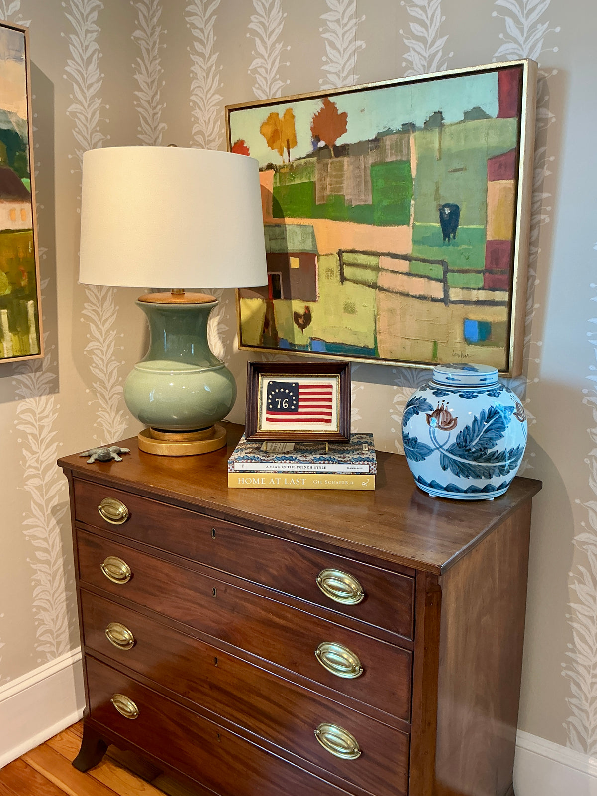Vintage Bicentennial Bennington 13 Star American Flag on Ivory Duck Cloth in Antique Walnut Frame with Gilded Liner