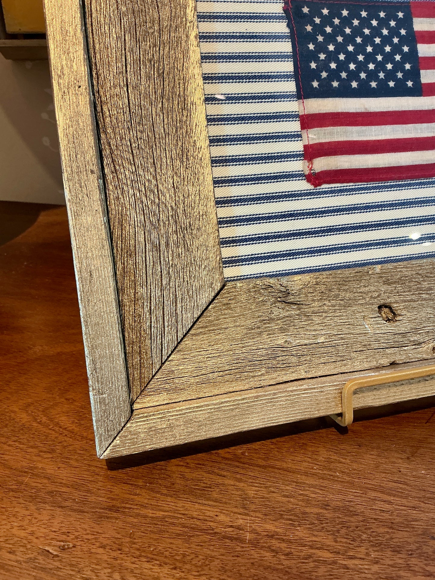 Vintage 50 Star American Flag on Blue and White Stripes in Gold Wood Frame