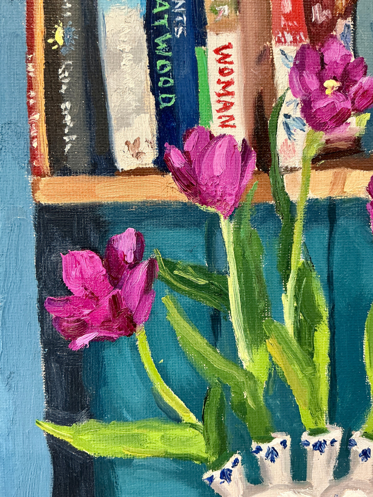 Stephanie Doucet Delft Tulipiere On The Blue Shelves Still Life Oil Painting in Gold Frame