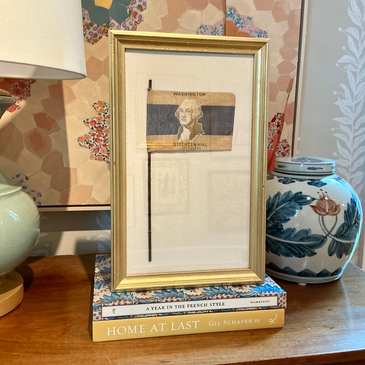 1932 George Washington Birthday Bicentennial Parade Flag on Ivory Duck Cloth in Gold Frame