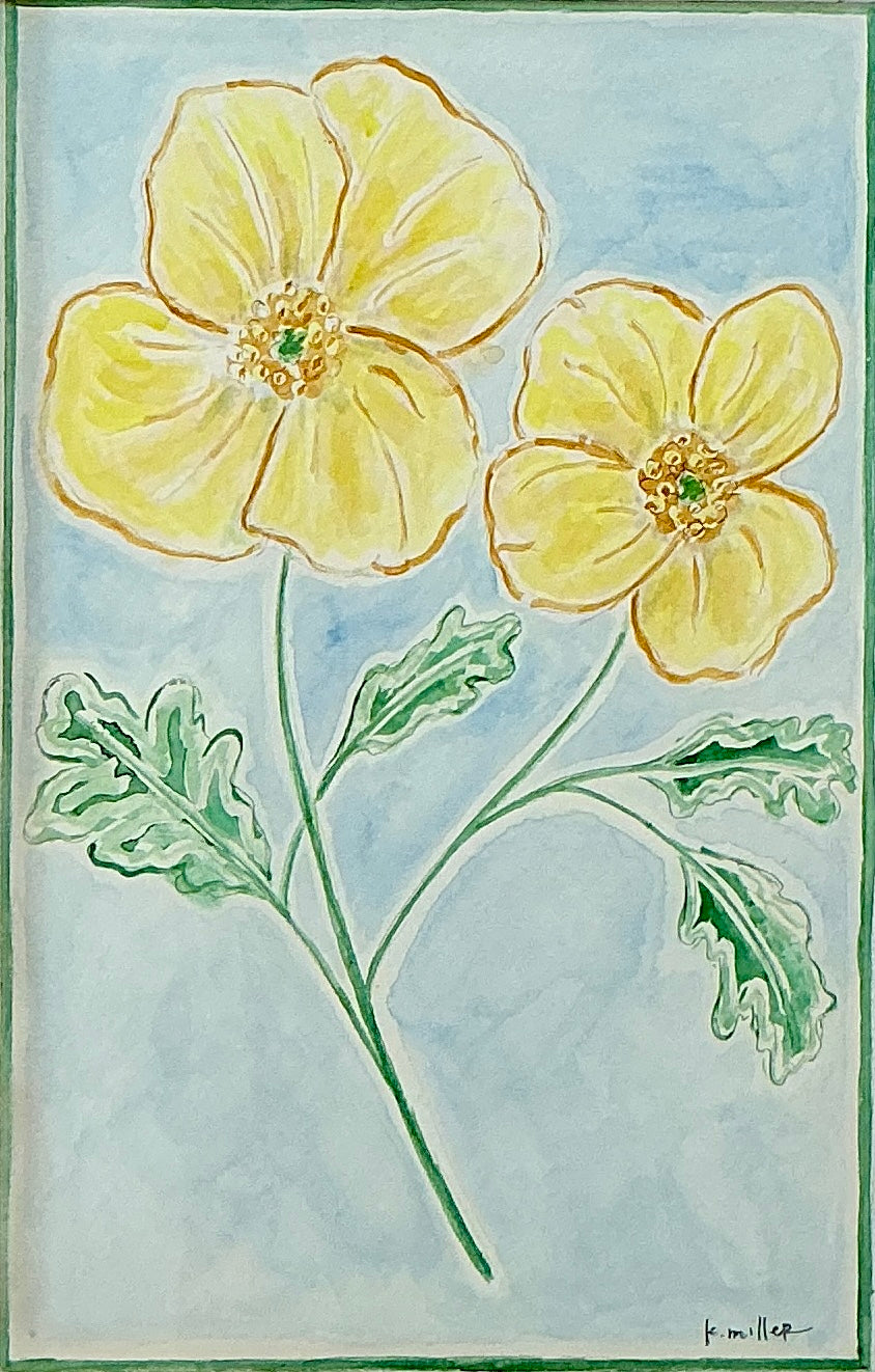 Kate Miller Yellow Pansy Botanical Watercolor Painting in White Lattice Frame