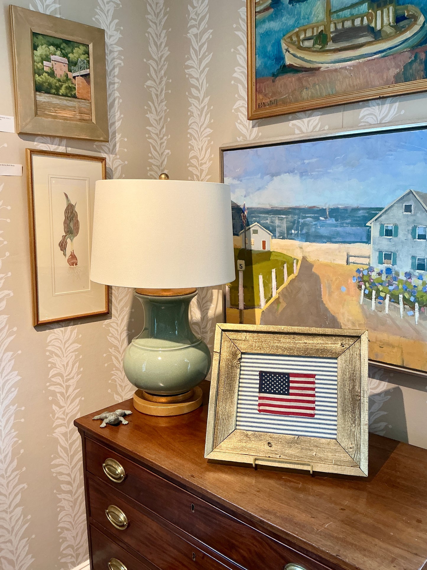 Vintage 50 Star American Flag on Blue and White Stripes in Gold Wood Frame