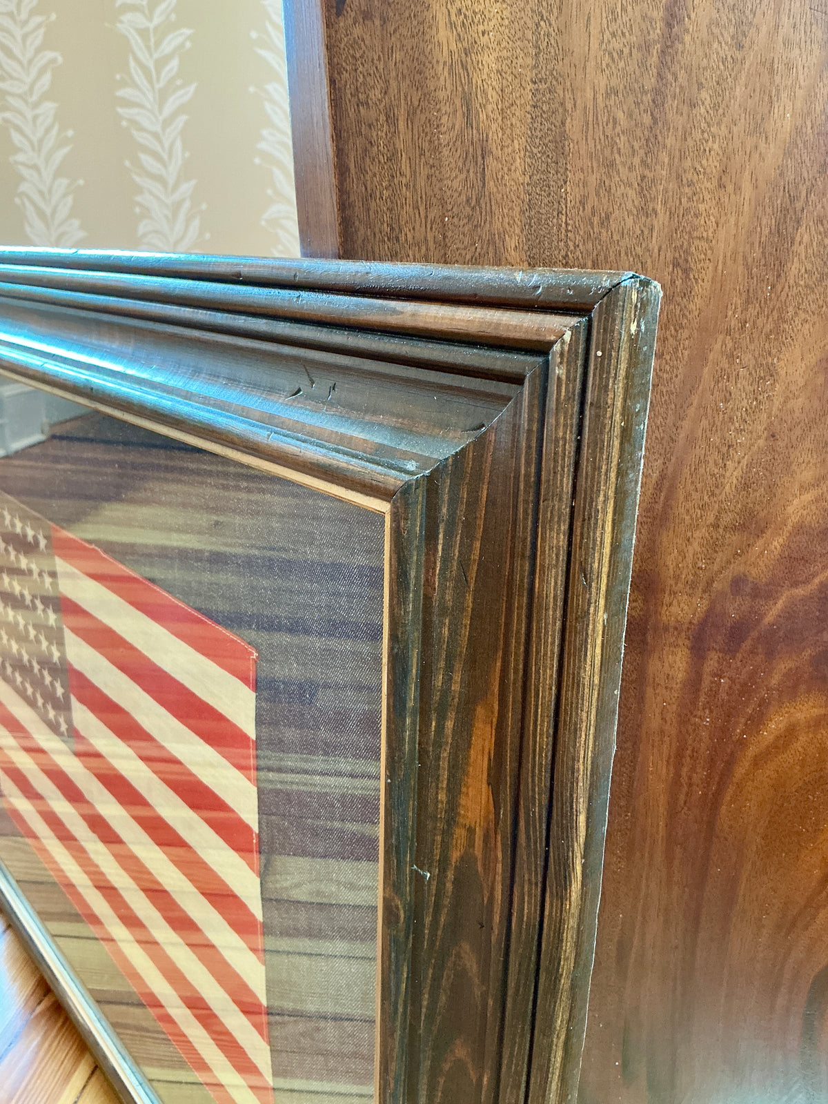 Vintage 48 Star American Flag on Dark Chambray in Wood Frame with Gilded Liner