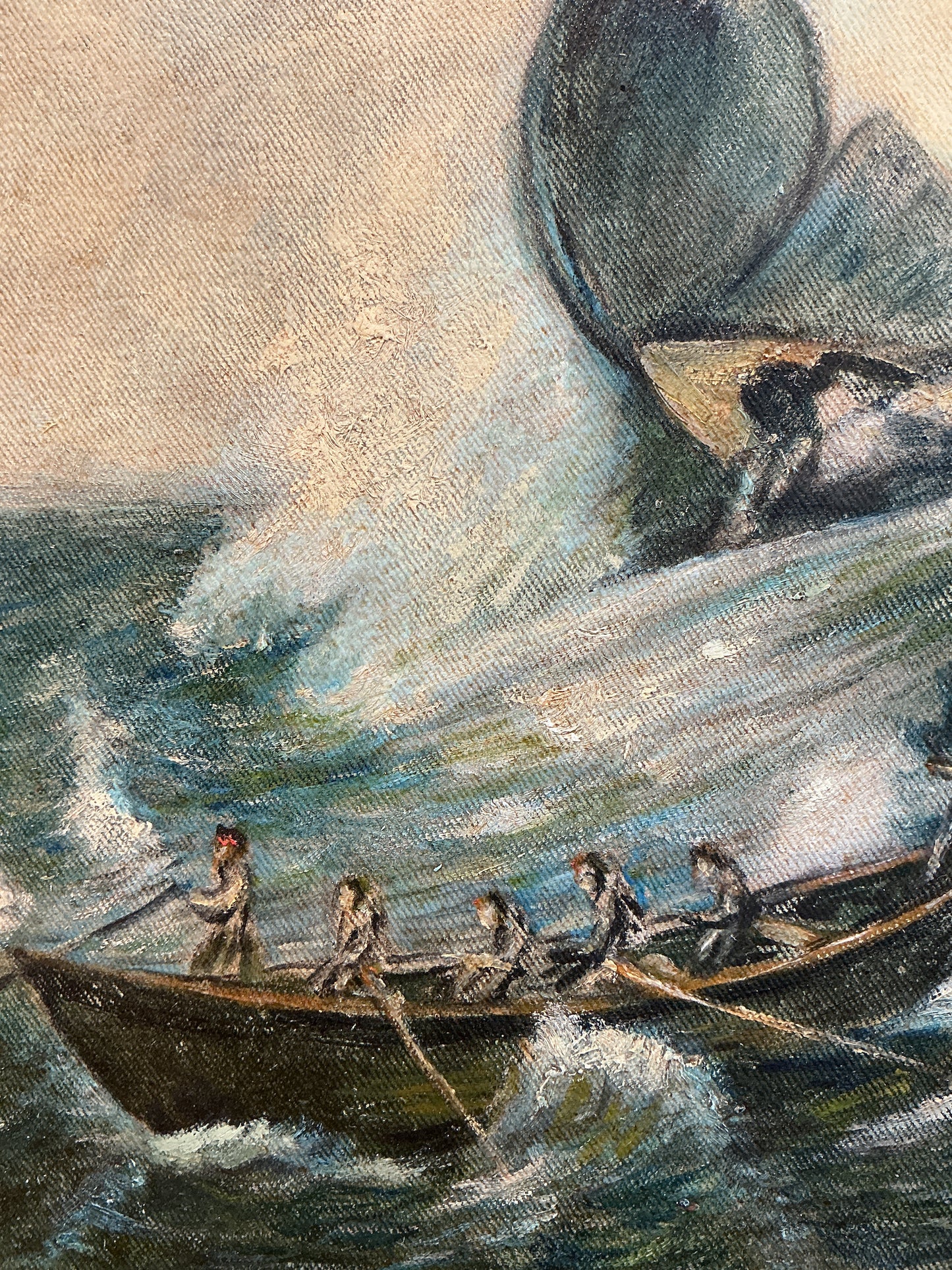 19th Century "Nantucket Sleigh Ride" American Folk Whale Seascape Whaling Scene Oil Painting in Wood Frame With Gilded Liner