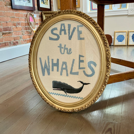 Save The Whales Mixed Media Painting on Ivory Duck Cloth in Ornate Oval Gold Frame