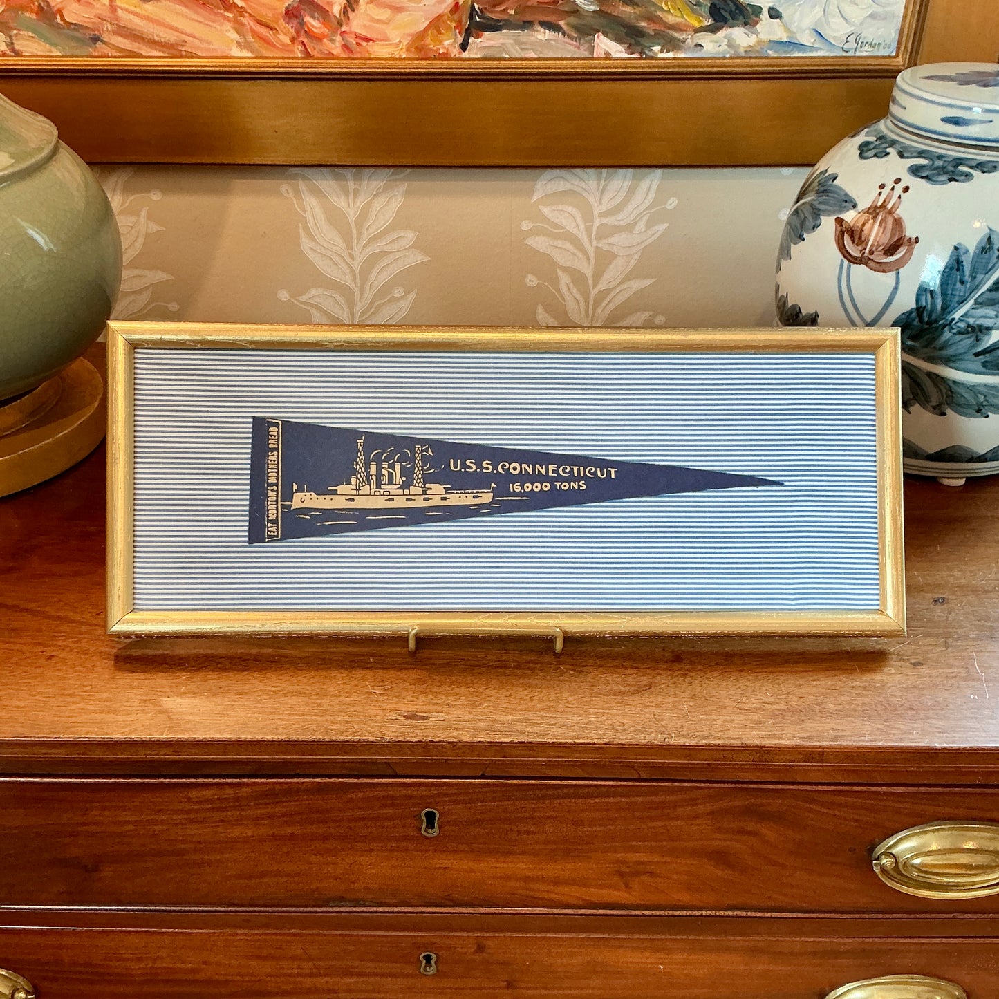 Vintage U.S.S. Connecticut Naval Ship on Blue Ticking Stripes in Gold Frame