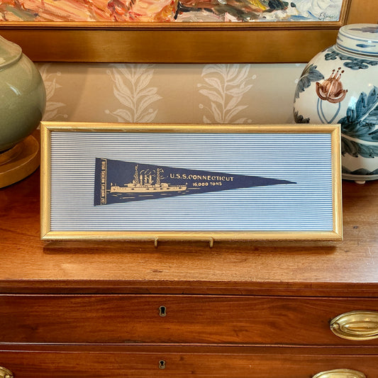 Vintage U.S.S. Connecticut Naval Ship on Blue Ticking Stripes in Gold Frame