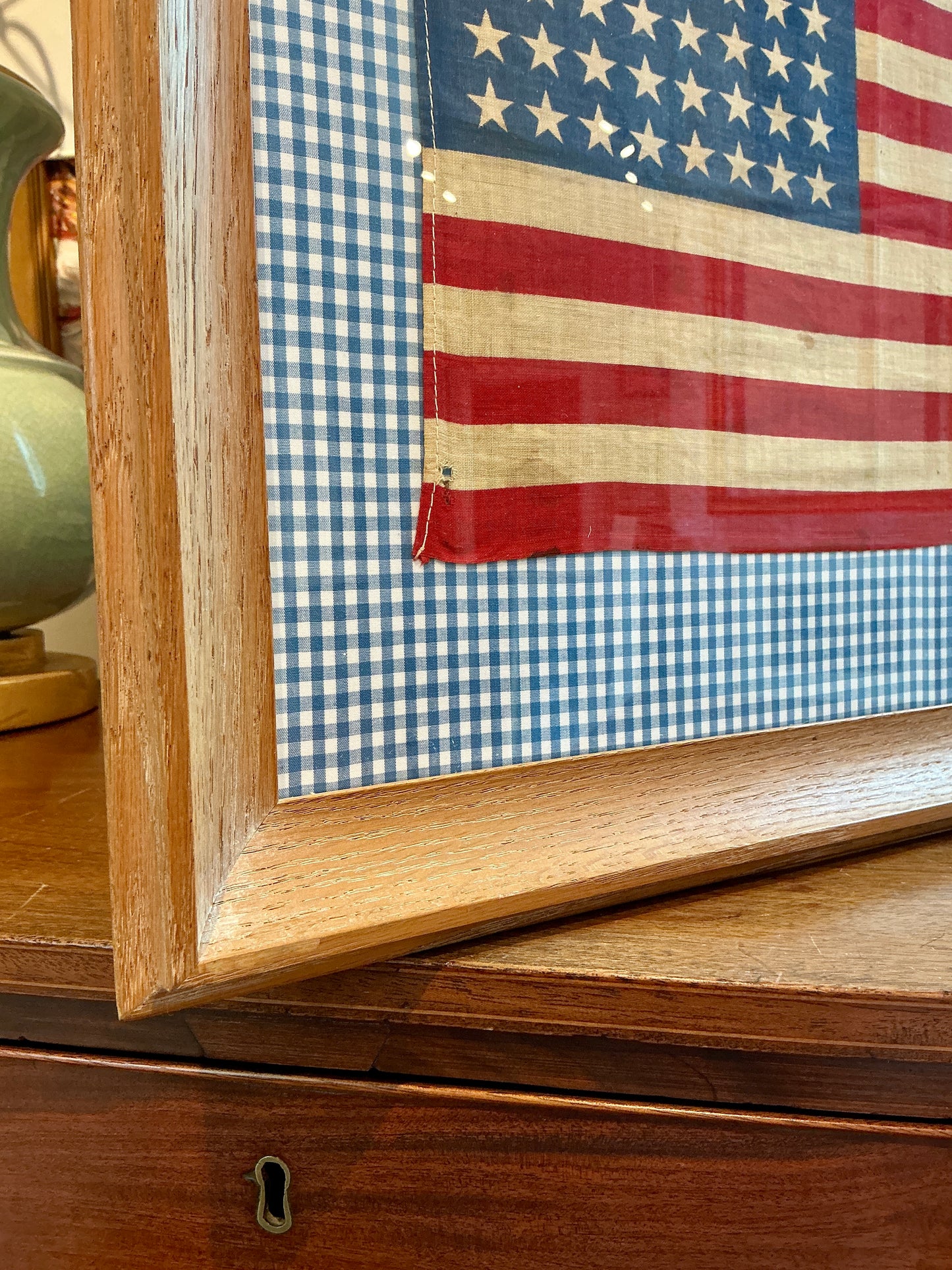 Vintage 48 Star American Flag on Blue Gingham in Wood Frame