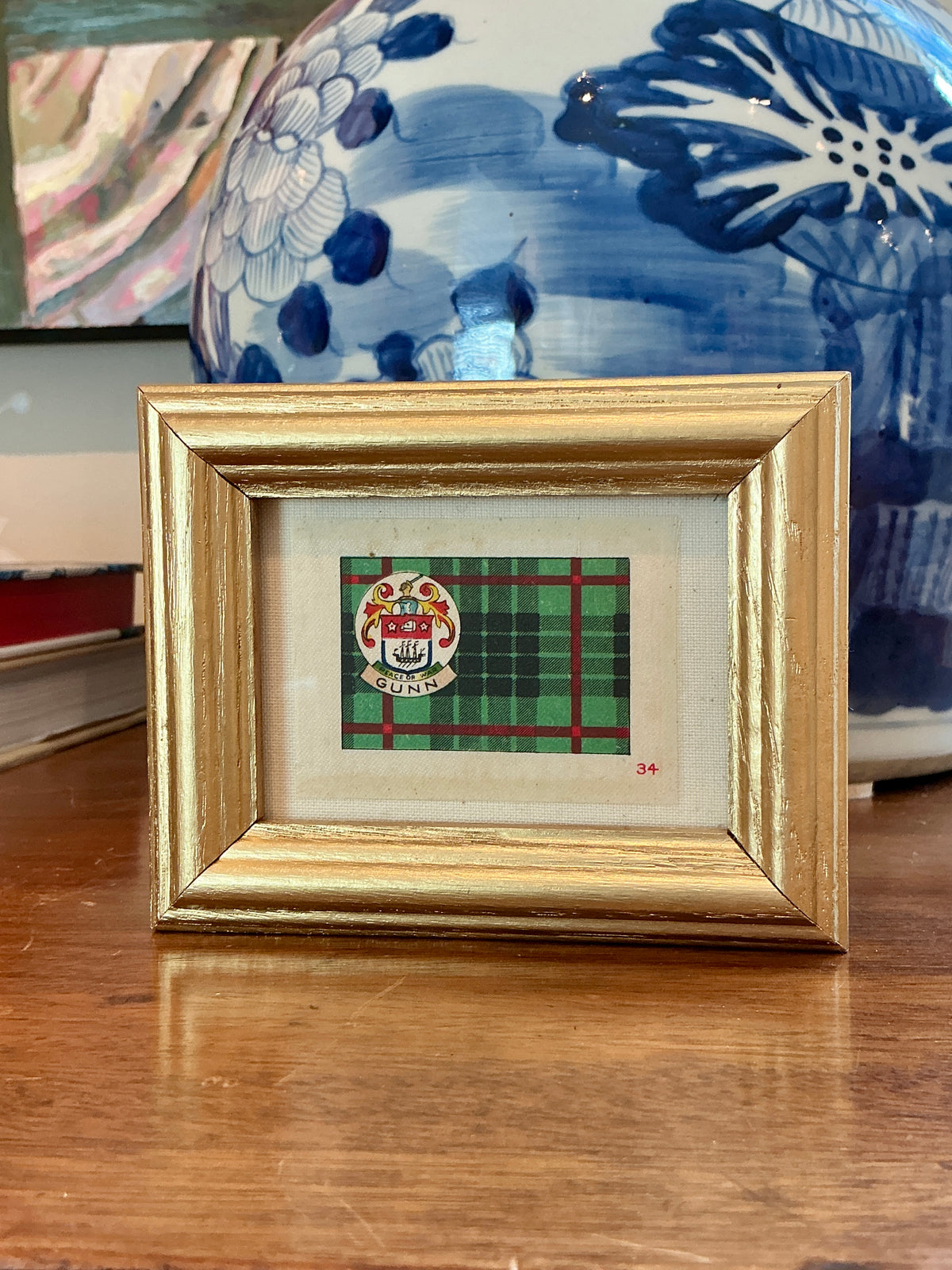 Set of Five Antique Scottish Tartan Tobacco Silks on Ivory in Gold Frames
