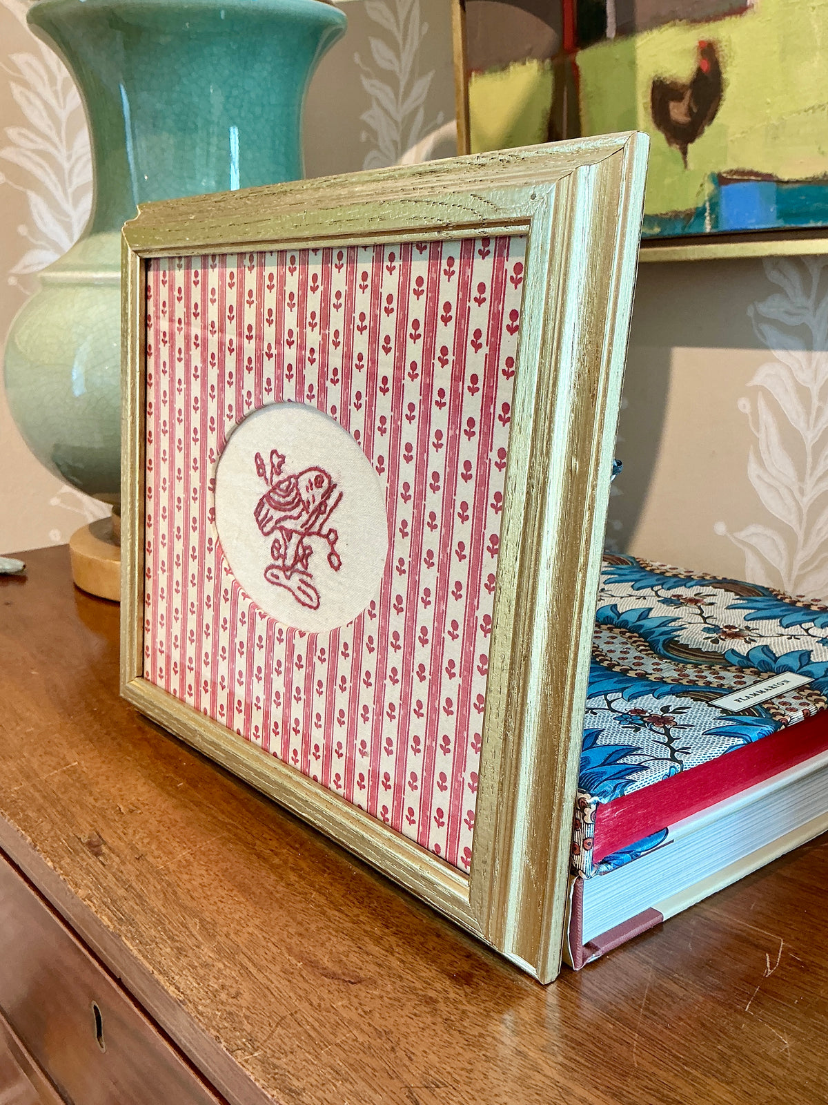 Antique Redwork Bird Embroidery in Pink Floral Brunschwig & Fils Oval Wrapped Mat in Gold Frame