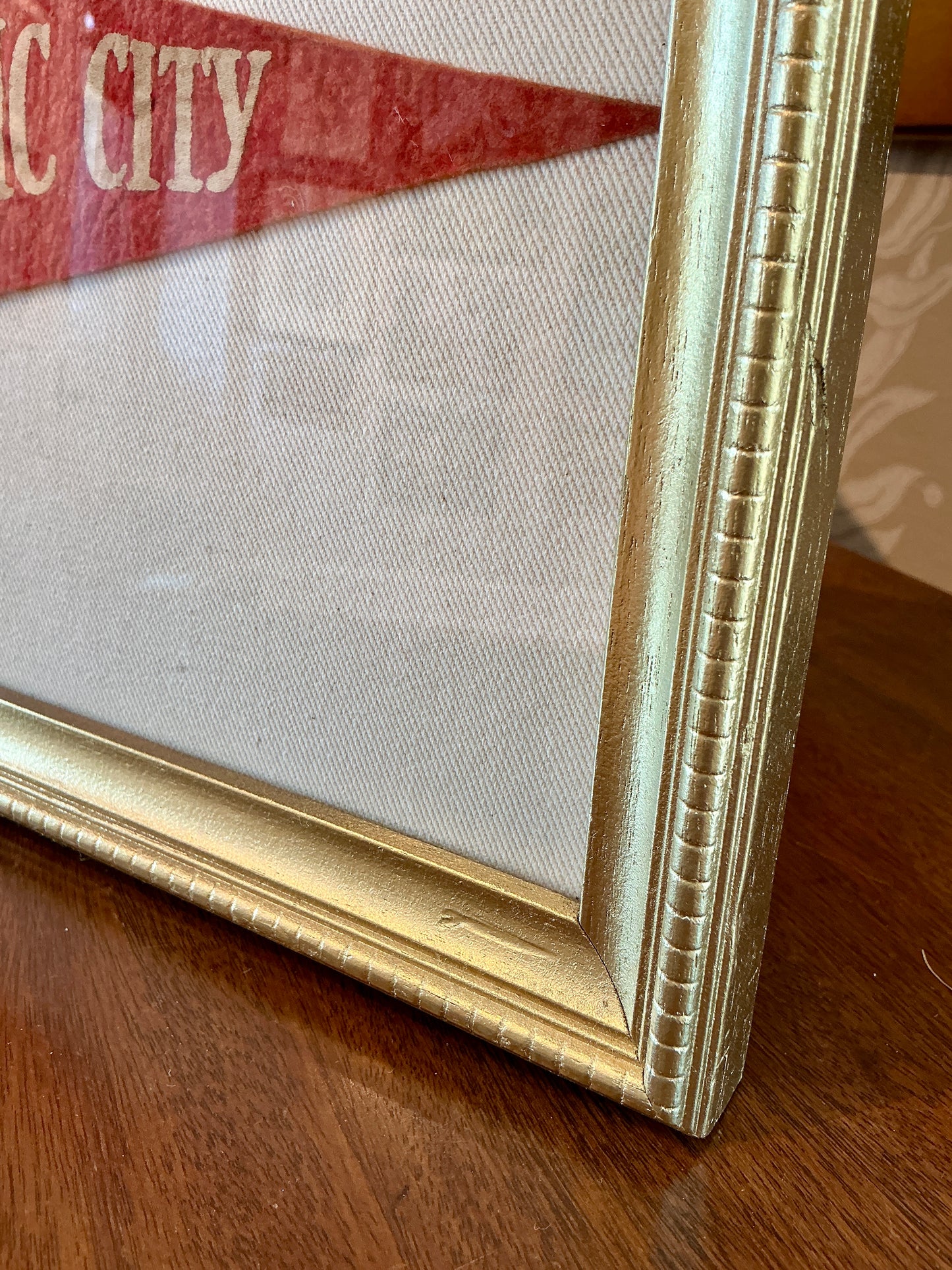 Vintage 1936 Atlantic City Felt Pennant on Ivory Duck Cloth in Gold Frame