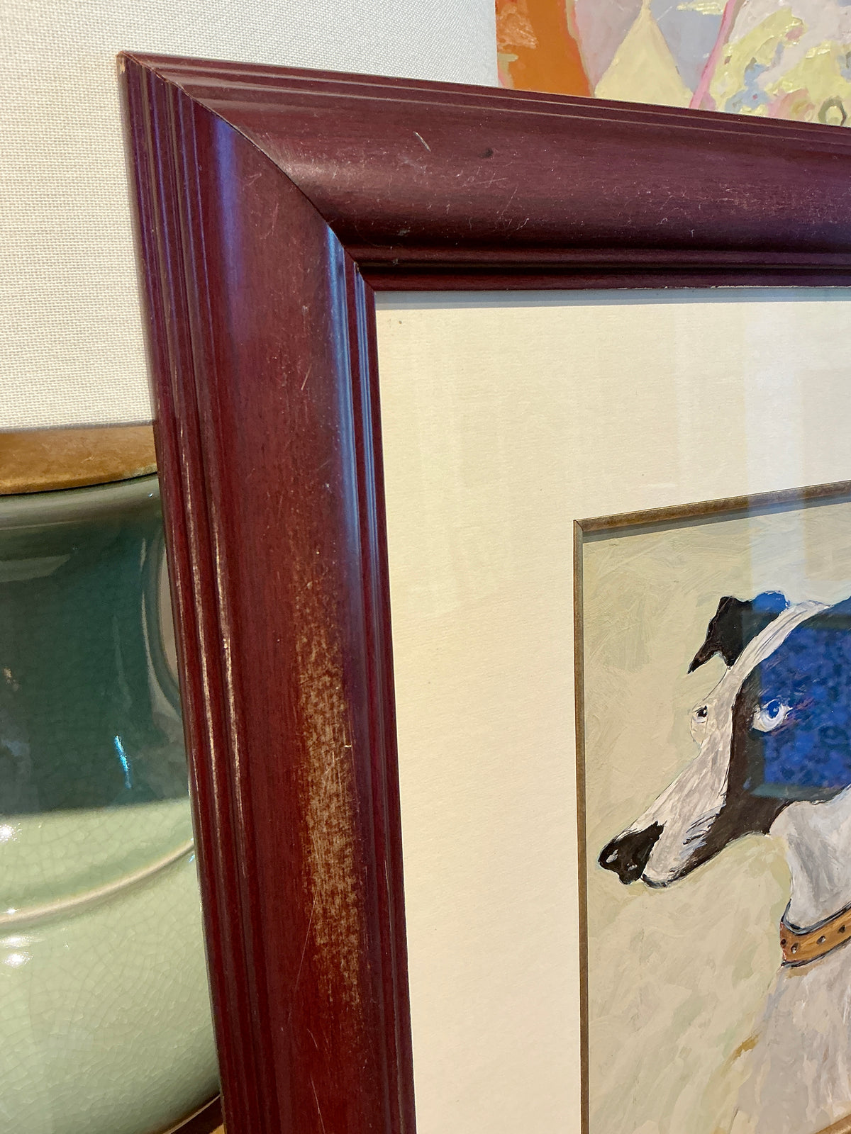 Italian Greyhound Whippet Dog Portrait Oil Painting in Wood Frame