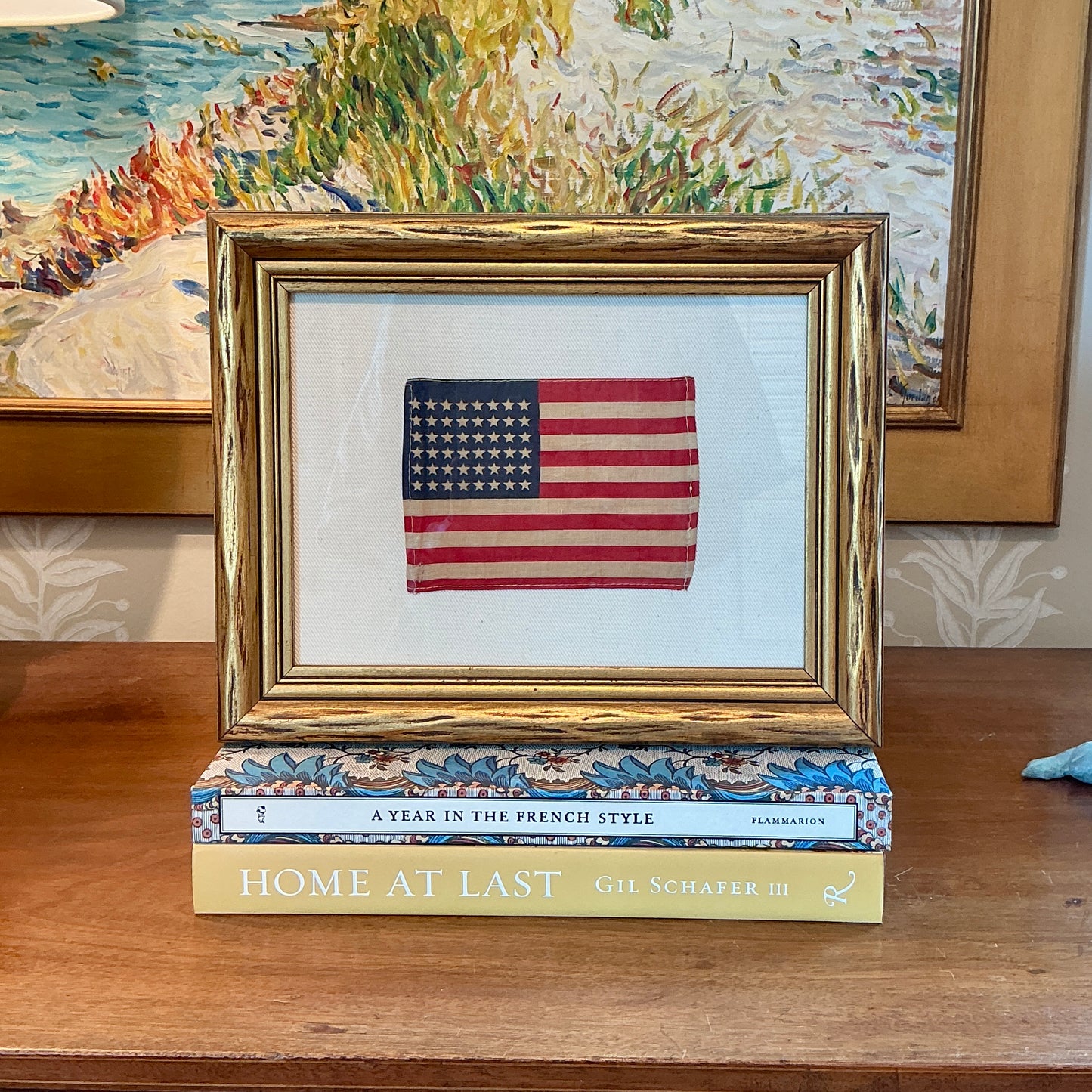 Vintage 48 Star American Flag on Ivory Sail Cloth in Antique Wavy Gold Frame