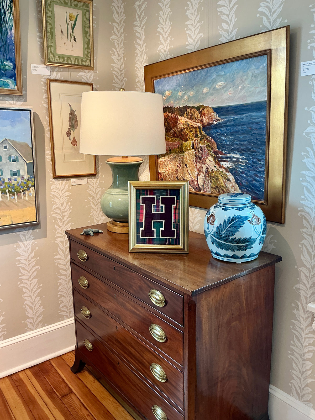 Vintage Varsity Letter Initial H on Madras Patch Fabric in Gold Frame
