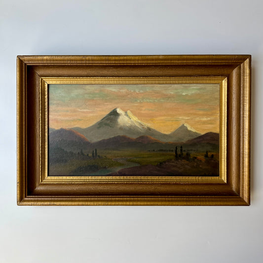 Antique American West Mountain Landscape Painting in Dark Gold Wood Frame