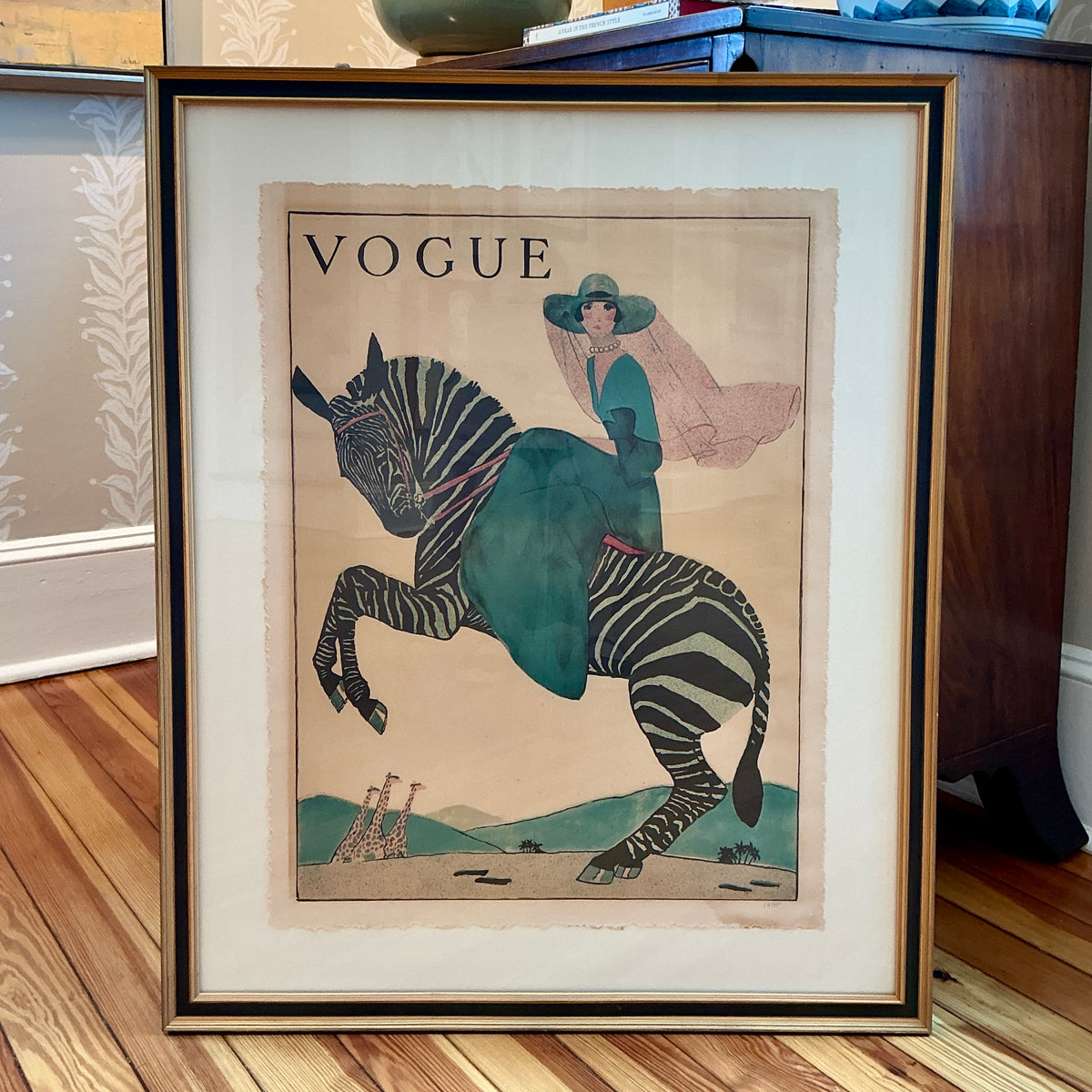 Manner of André Édouard Marty Vogue Magazine Lady on a Zebra Art Deco Portrait Watercolor Painting in Black and Gilded Frame