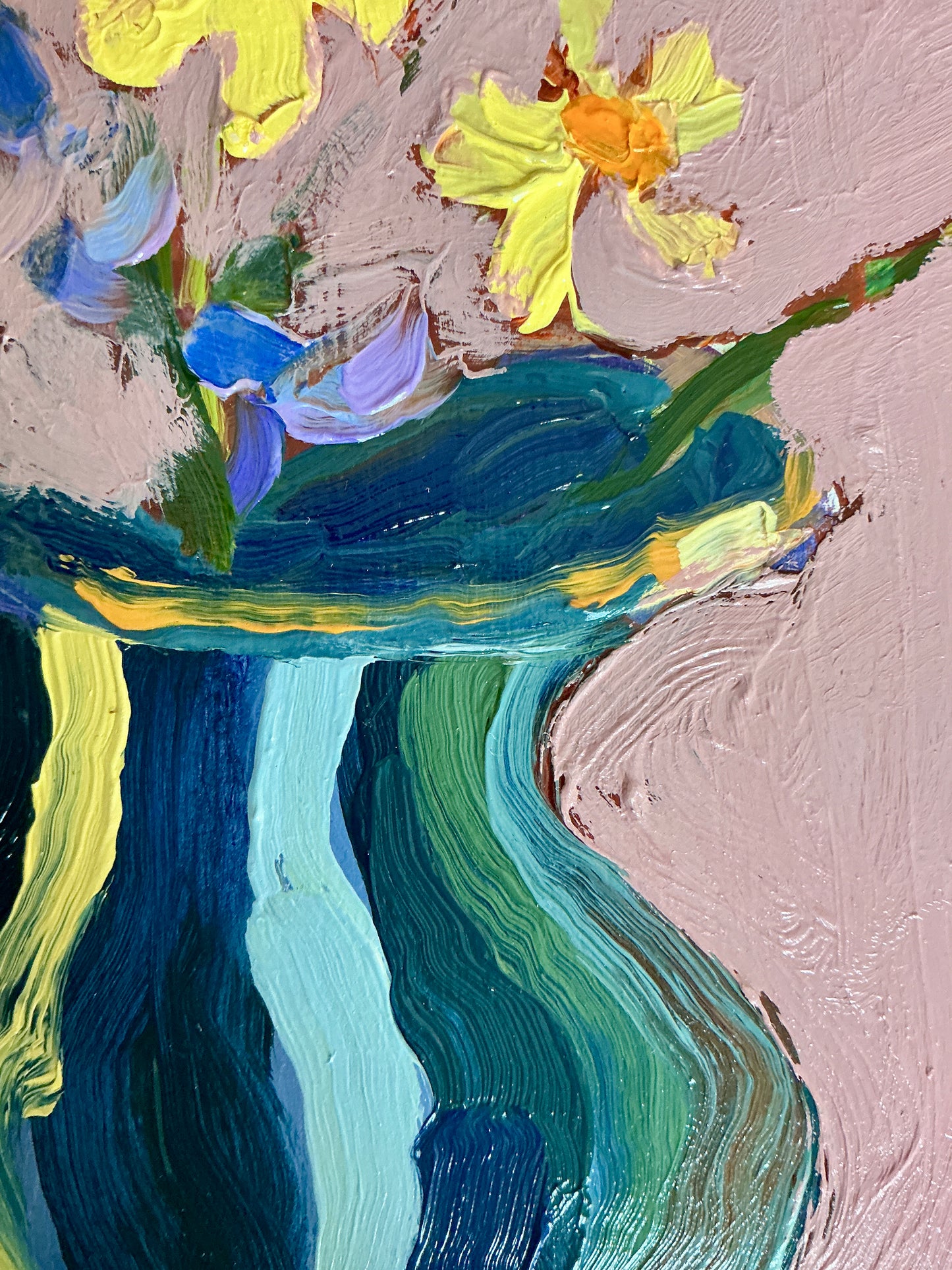 Gretchen McGinnis Creamer With Mini Daffodils And Violets II Still Life Oil Painting in Gold Floater Frame