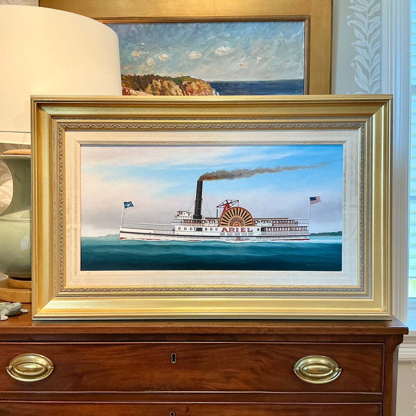 Scott Cameron Steamboat Ariel Oil Painting in Gold Frame