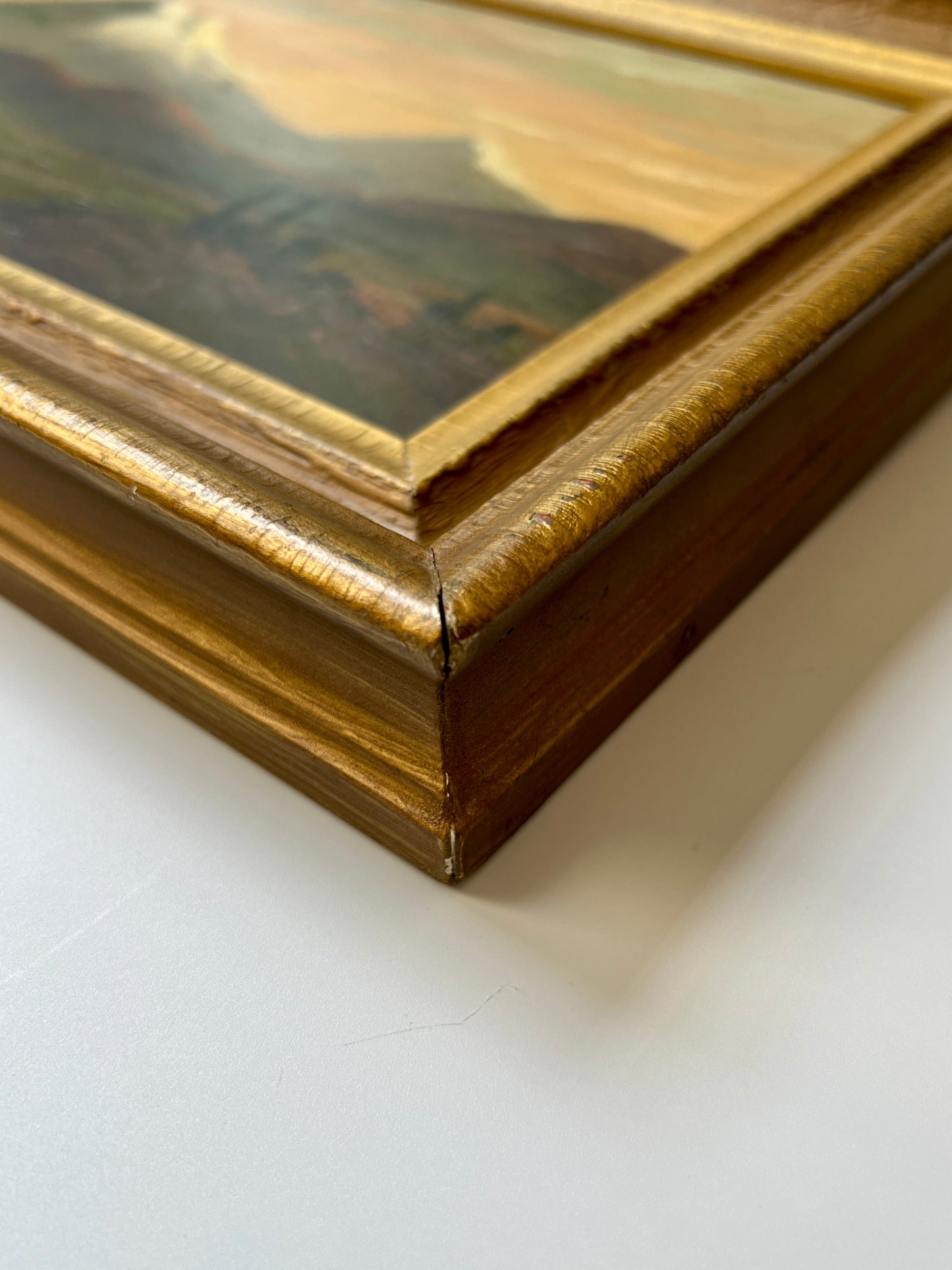 Antique American West Mountain Landscape Painting in Dark Gold Wood Frame
