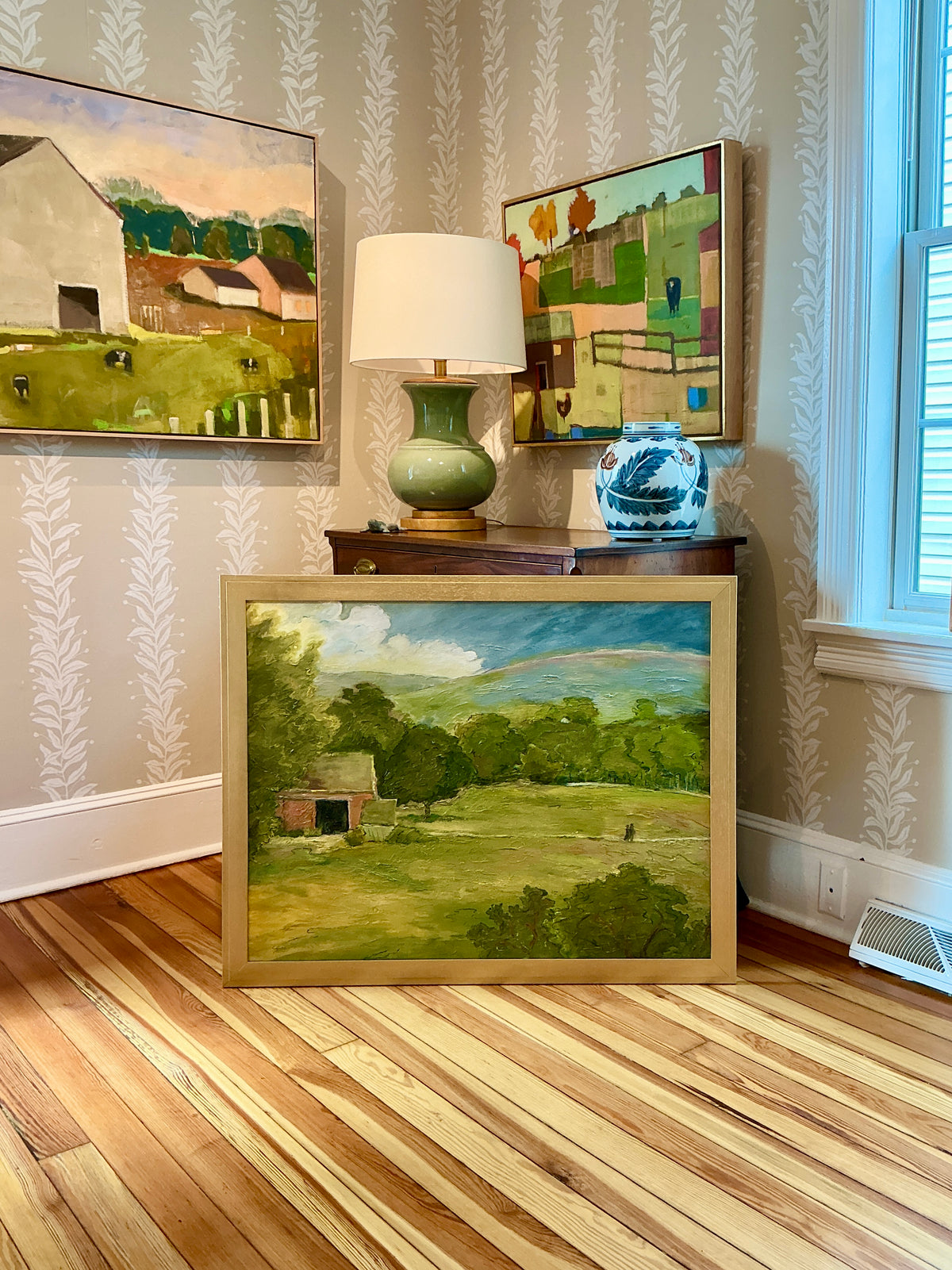 Vintage Rolling Country Hills Landscape Oil Painting in Gold Frame