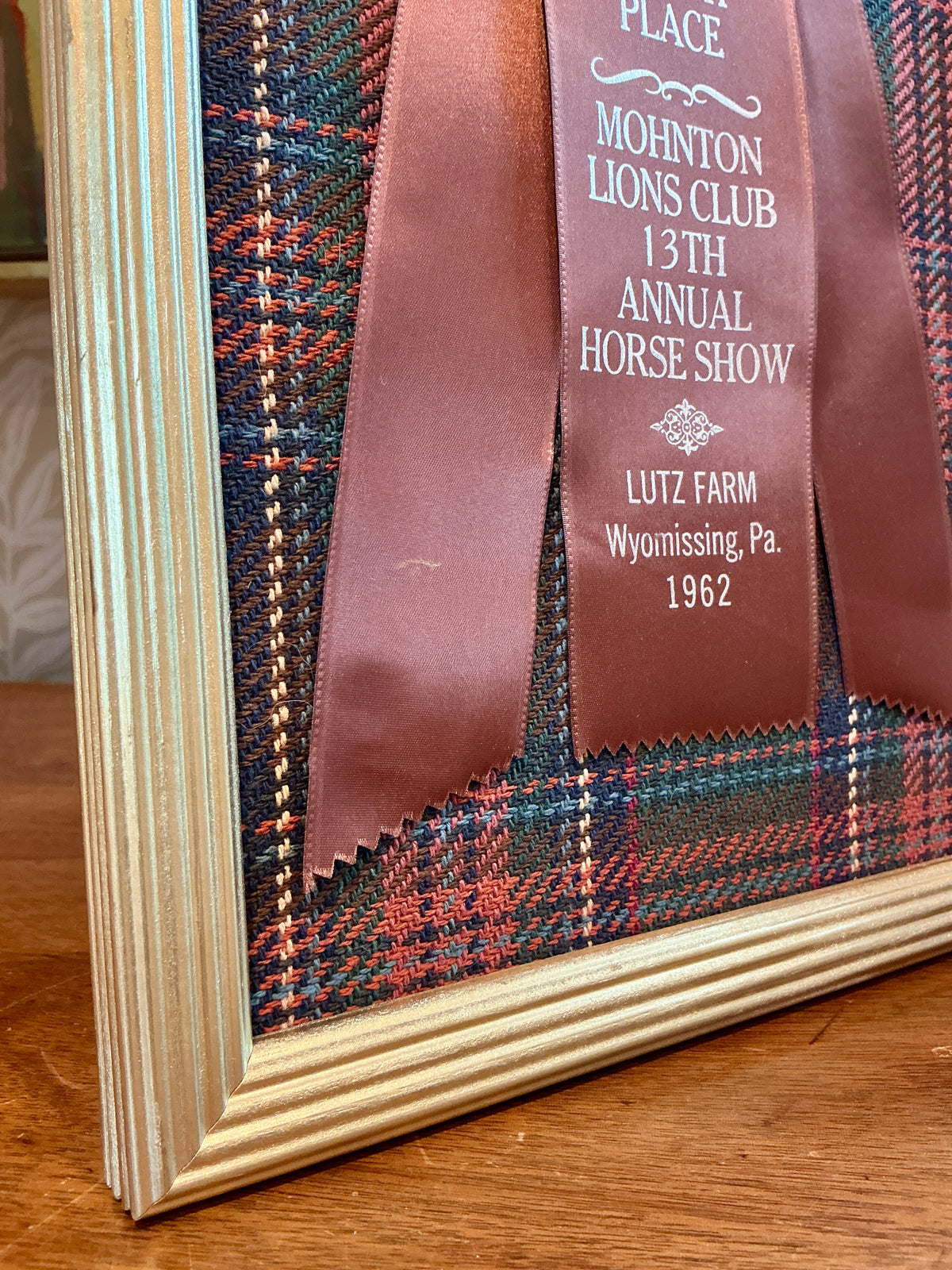 Vintage Mohnton Lions Club Horse Show Ribbon on Plaid in Gold Frame