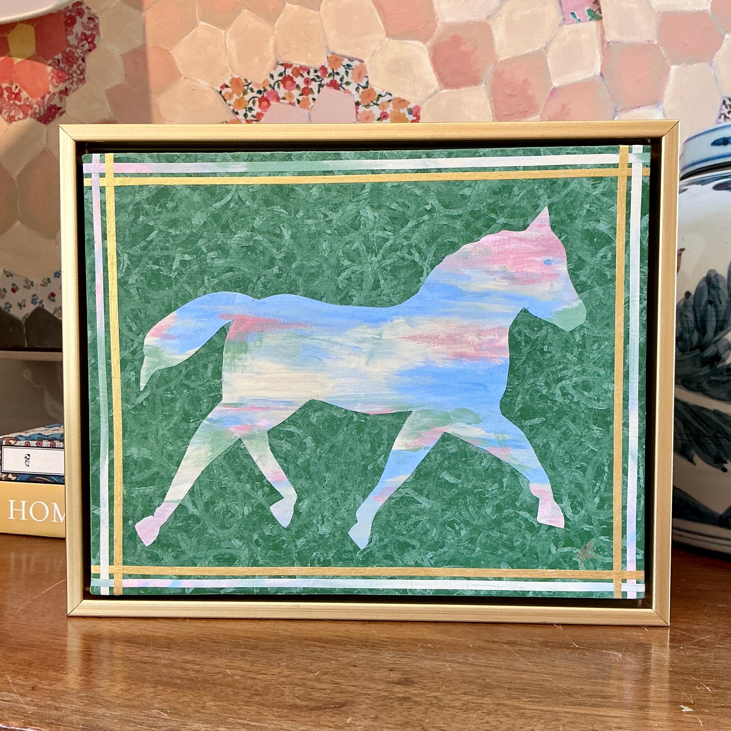 Heather Carey Field Day Horse Portrait Mixed Media in Gold Floater Frame
