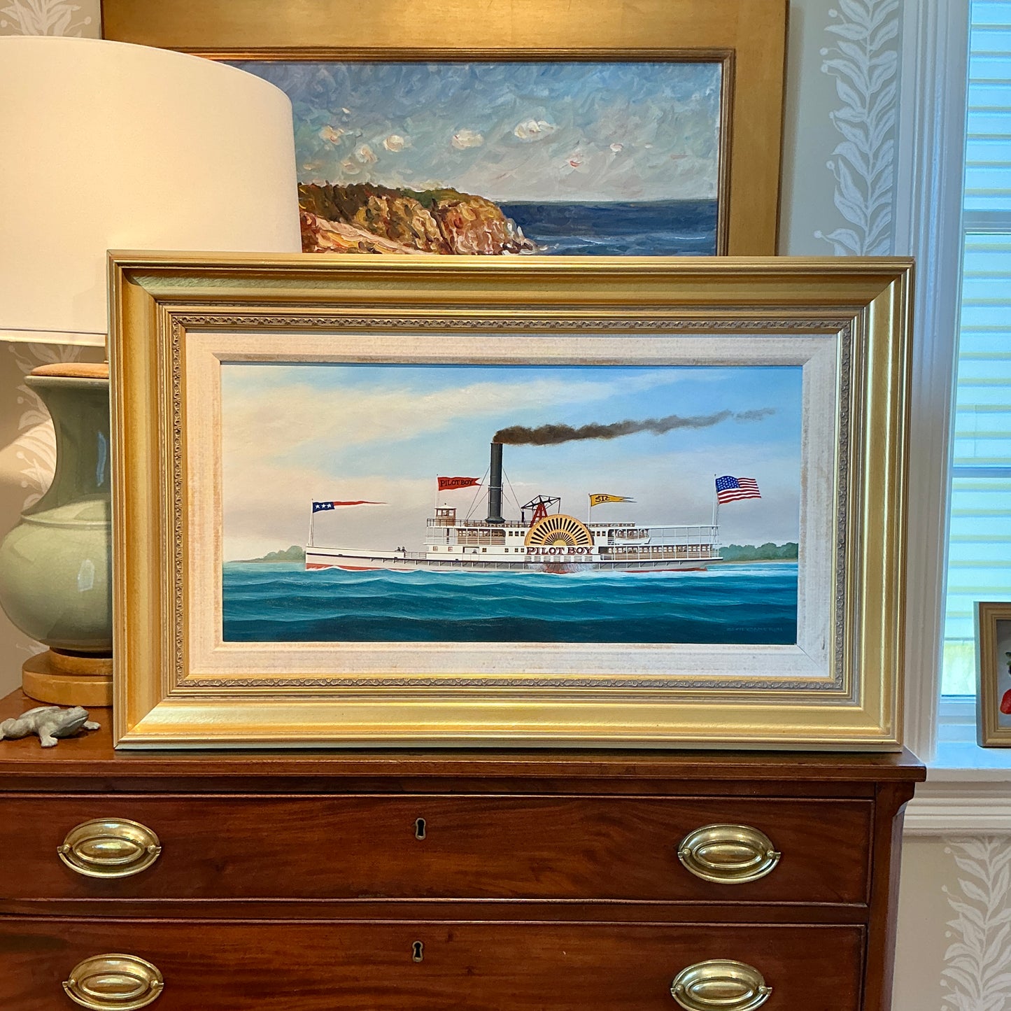 Scott Cameron Steamboat Pilot Boy Oil Painting in Gold Frame