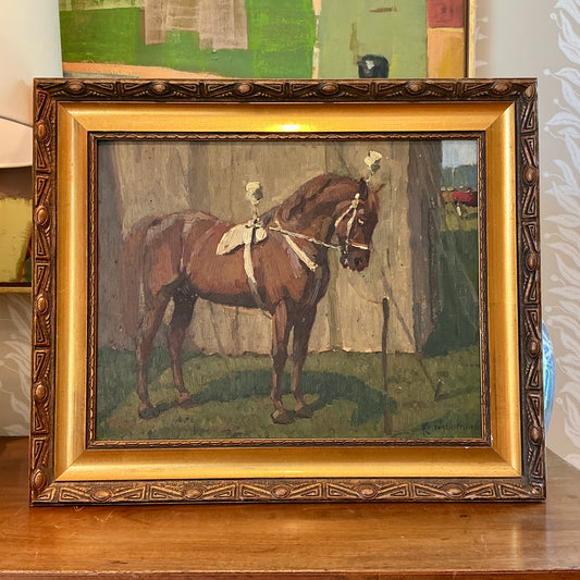 Antique Josef Kerschensteiner Race Horse Portrait Oil Painting in Gold Ornate Frame