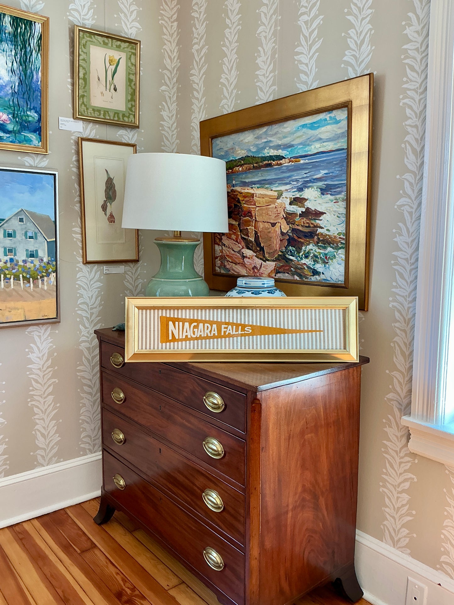 Vintage Niagara Falls Pennant on Taupe Stripes in Gold Frame