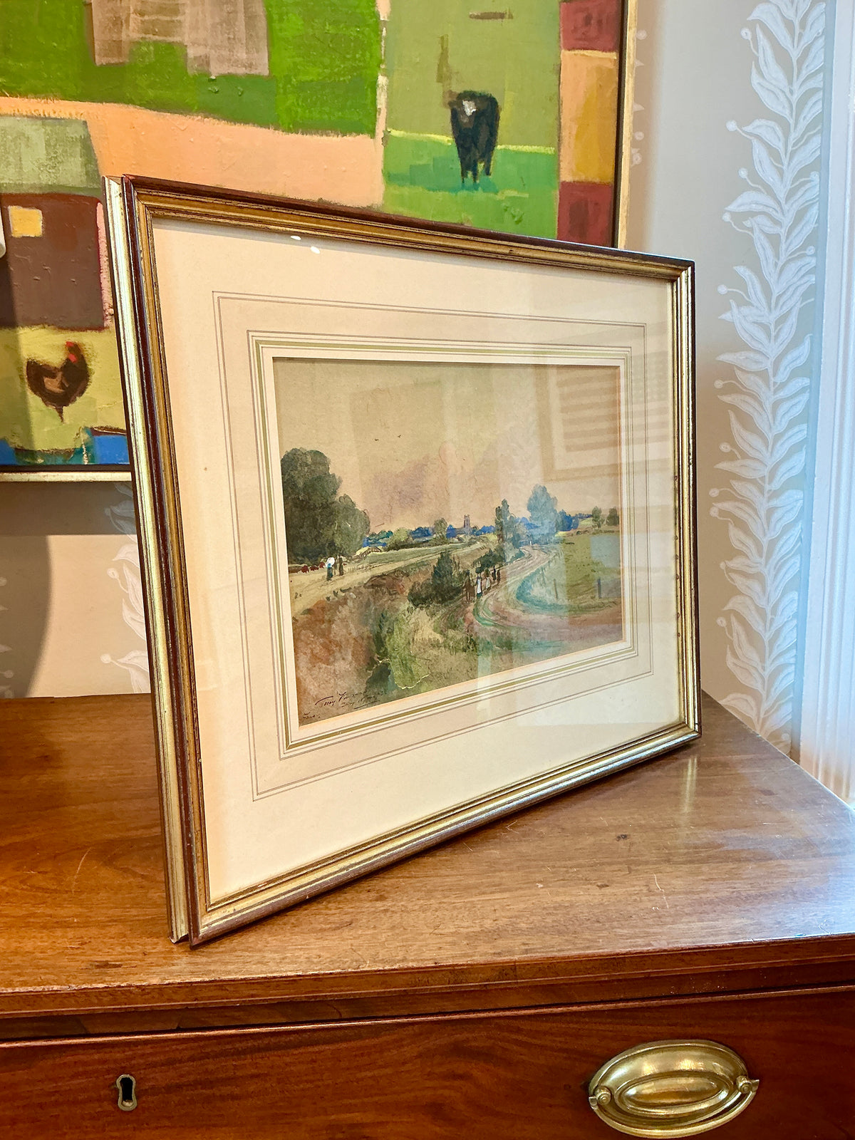1893 Percy Thomas English Country Scene Landscape Watercolor Painting in Gold Frame