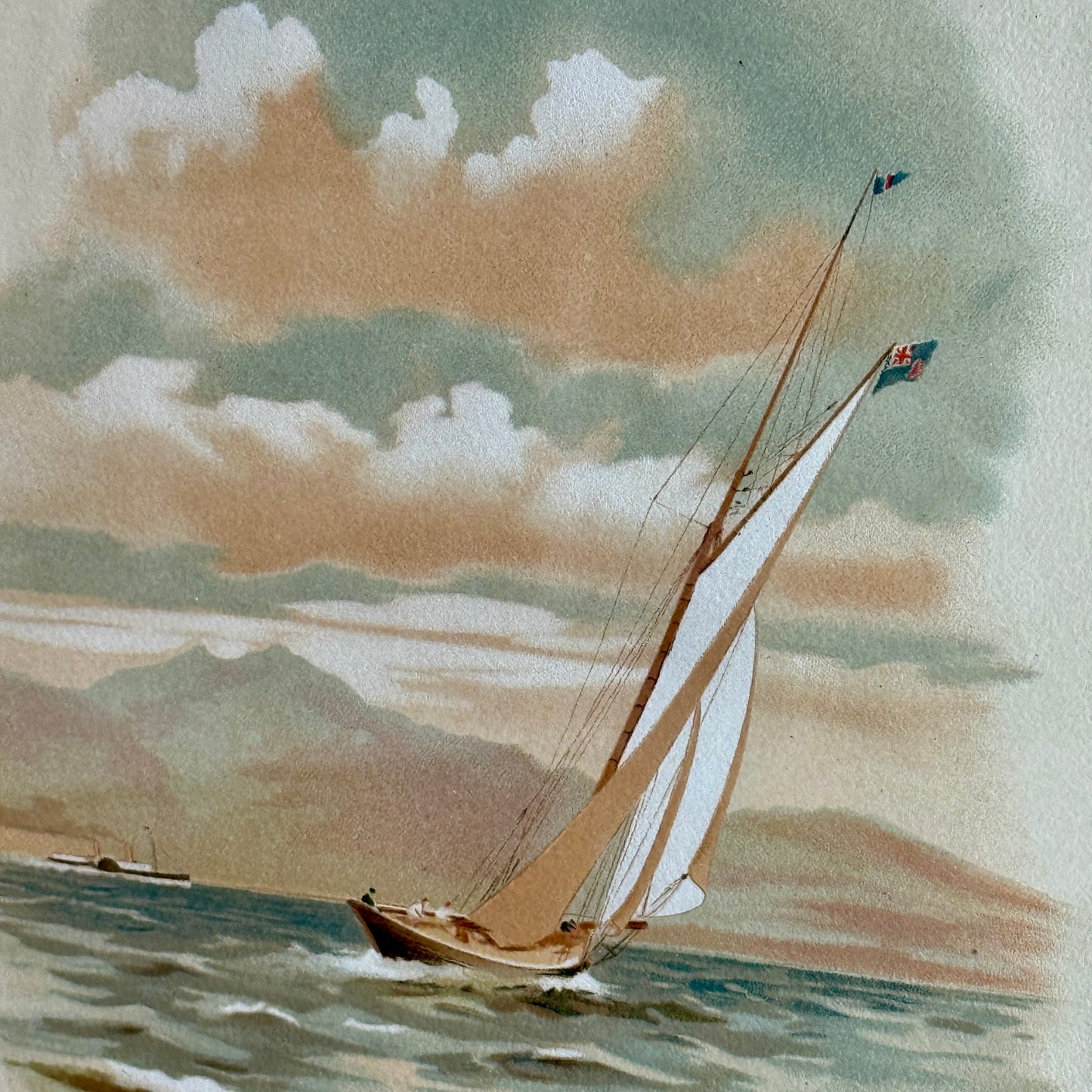1888 Hand Colored Lithograph of “Clara” the Clyde Yacht in Belgian Linen in Ornate Champagne Gold Frame