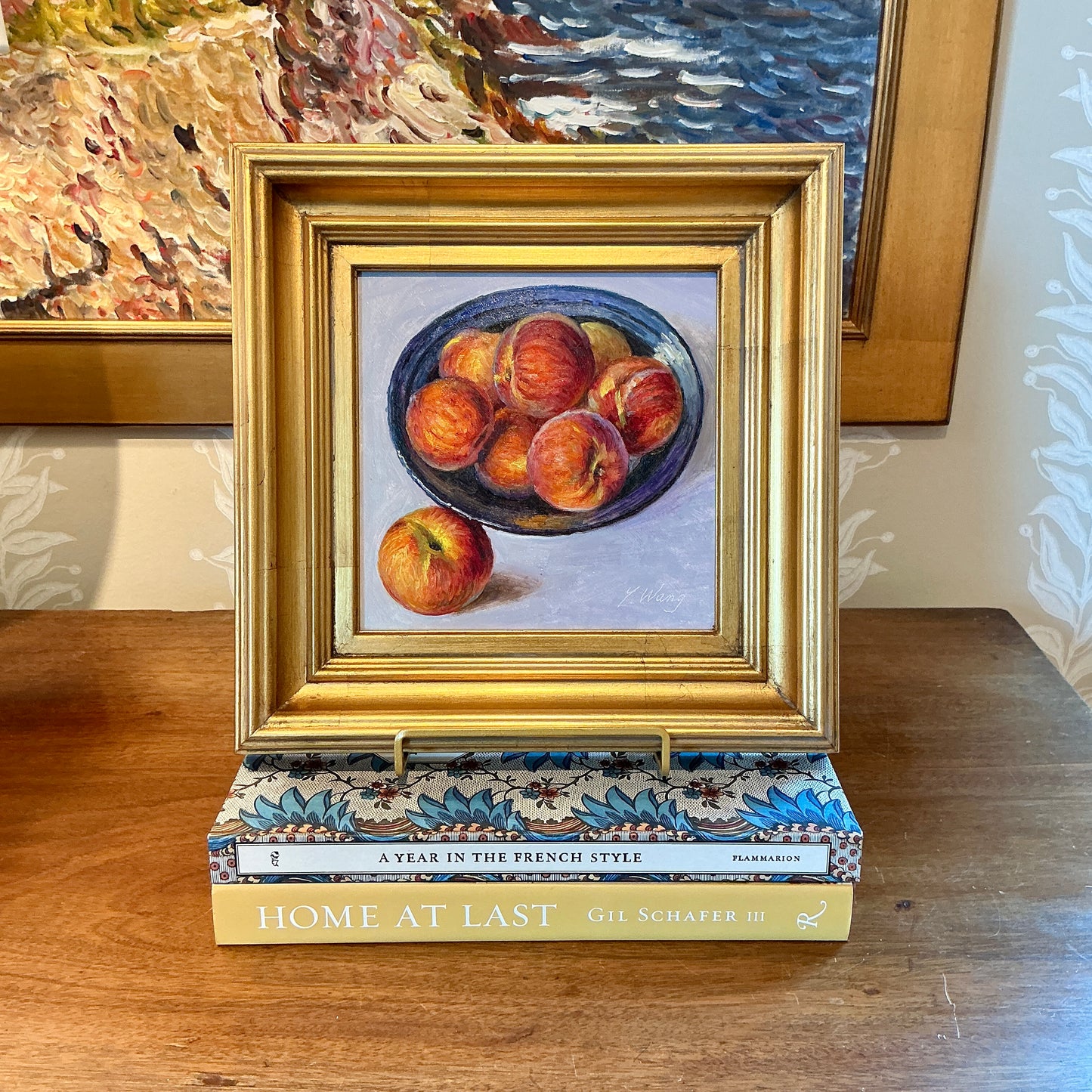 Youqing Wang Peaches in a Blue Bowl Still Life Oil Painting in Gold Frame
