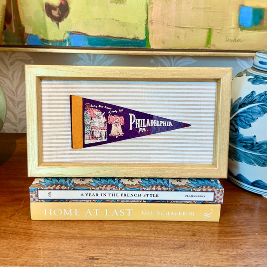 Vintage Philadelphia Felt Pennant on Taupe Stripes in Gold Frame