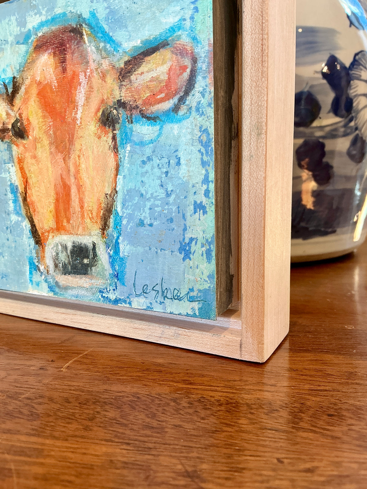 Carol Lesher Cow Trio 3 Portrait Oil Painting in Wood Frame