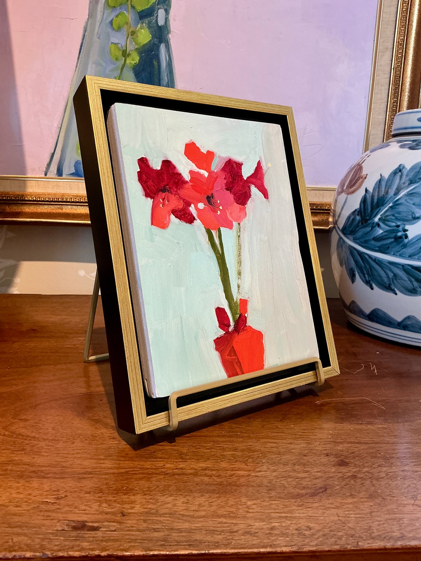 Gretchen McGinnis Little Amaryllis Still Life Floral Oil Painting in Gold and Black Floater Frame